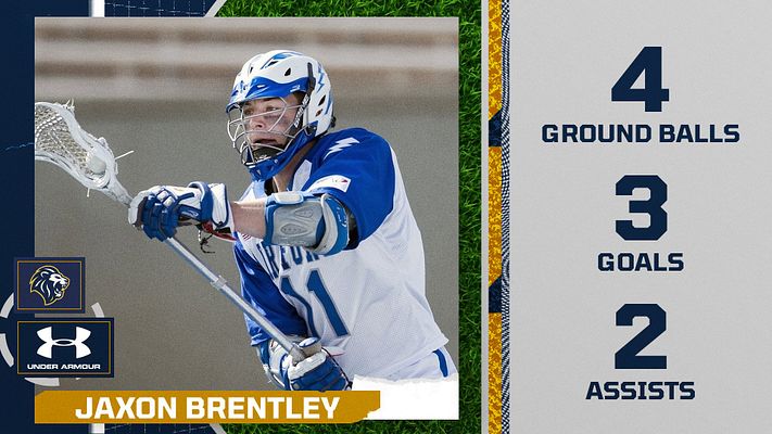 Player stats template with navy background featuring large action photo area on left, player name banner below, and right side displaying statistics in bold text including points, rebounds, and assists. Branded logos and stripe design elements frame the layout.