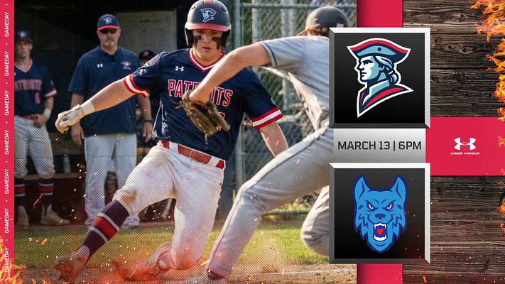 Gameday template featuring a dynamic baseball scene with player action. Includes team logos, game date and time, fiery accents, and a mix of landscape and portrait formats.