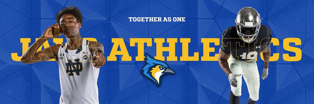 Social media banner template with bright blue geometric background, two portrait photos flanking large white athletic department text, yellow tagline above, and centered mascot logo. Designed for Twitter and promotional headlines.