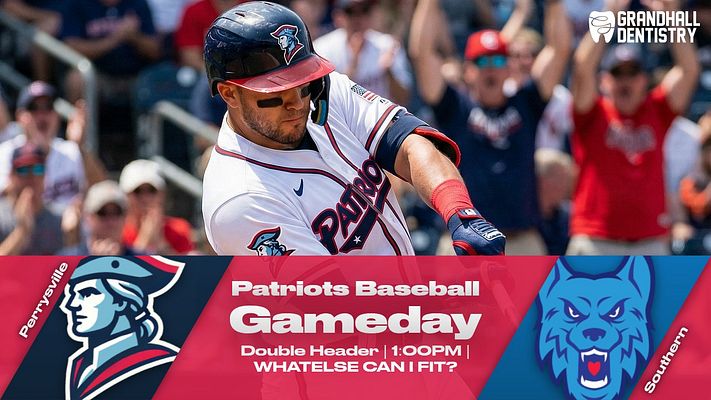 Gameday template featuring a large player action photo on the left, team logos at top, and sections for game title, date, and opponent in bold red and blue colors.