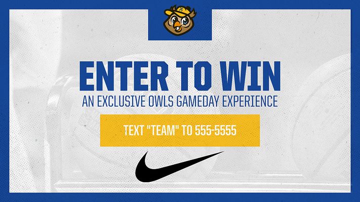 Promotion template with a purple and white color scheme, featuring bold headline 'ENTER TO WIN,' text entry instructions, and a logo at the top, designed for gameday tickets.
