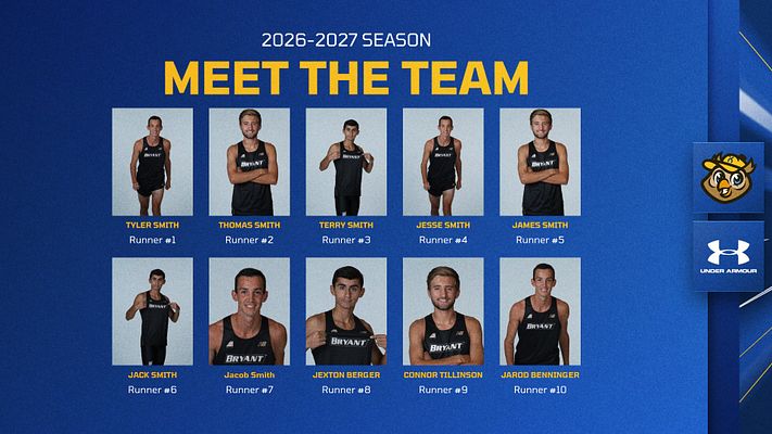 Photo roster template featuring eight runner headshots arranged in a grid, bold yellow 'MEET THE TEAM' title at the top, and logos in the bottom corner. Designed for player spotlight.