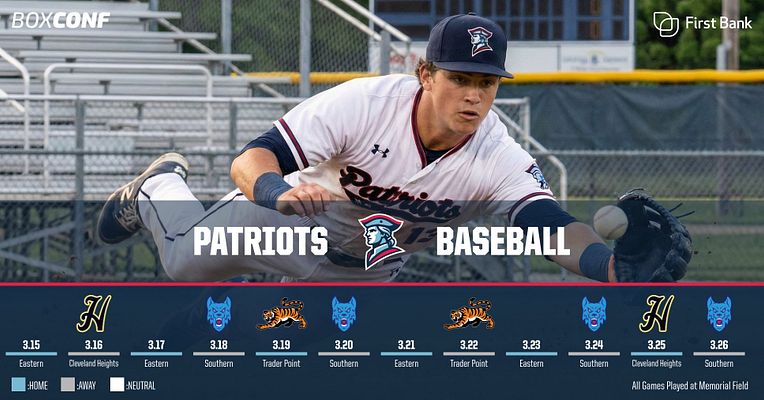 Horizontal schedule template displaying up to 12 games with baseball player photo background, team logo and title area in center, and row of opponent logos with dates below. Dark background with white text, designed for Twitter and sports announcements.