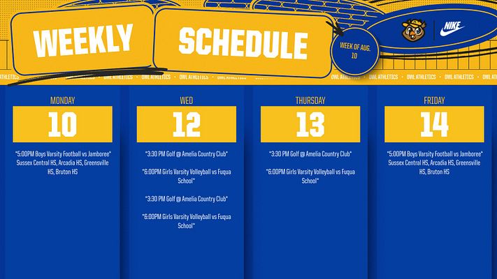 Weekly schedule template with a blue background, featuring a grid for each day of the week, highlighted event titles, and space for game times and teams.