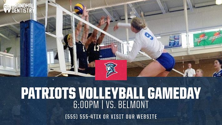 Gameday template featuring volleyball action photo background with navy overlay, white bold headline text, team logo banner, game time and opponent details, and contact information at bottom