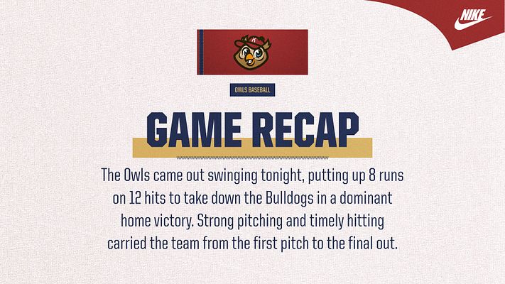 Game recap template with cream background, team logo at top, bold gold and navy text reading 'GAME RECAP', and descriptive text area below. Designed for quick athletic summaries across landscape, Instagram, and story formats.