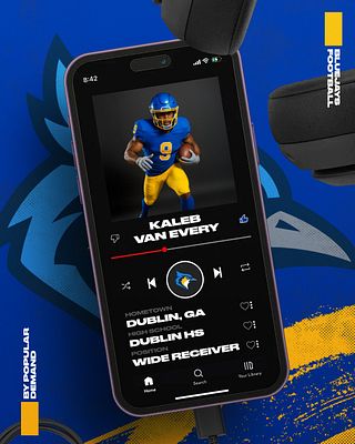 Player spotlight template featuring a smartphone display with student-athlete photo, name banner, and recruitment details. Bold blue and gold color scheme with headphones graphic element. Designed for Instagram and Story formats to showcase player profiles on social media.