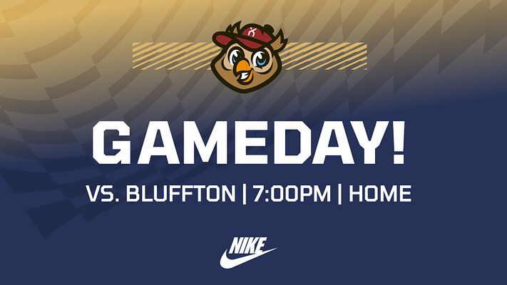 Gameday template with a bold white headline, placeholder for time, date, location details below, and a team mascot graphic at the top against a red and navy background.