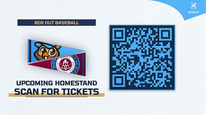QR code template with light background, featuring a vibrant design on the left including a mascot graphic and team logo, and a large QR code on the right for ticket scanning.