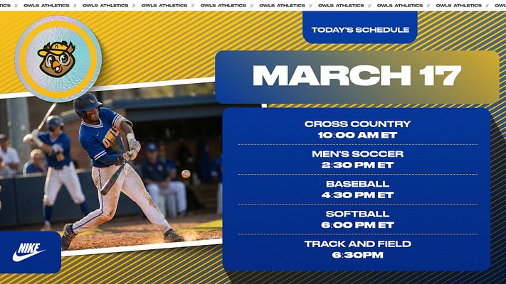 Multi-format daily schedule template with gold and navy color scheme, team logo in circular badge, large action sports photo, and blue banner listing events with times