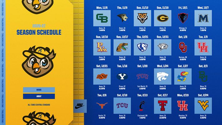 Schedule template featuring a stacked layout with team logo on top left, large blue background, and a grid displaying game dates, opponents, and times. Designed for sports scheduling.