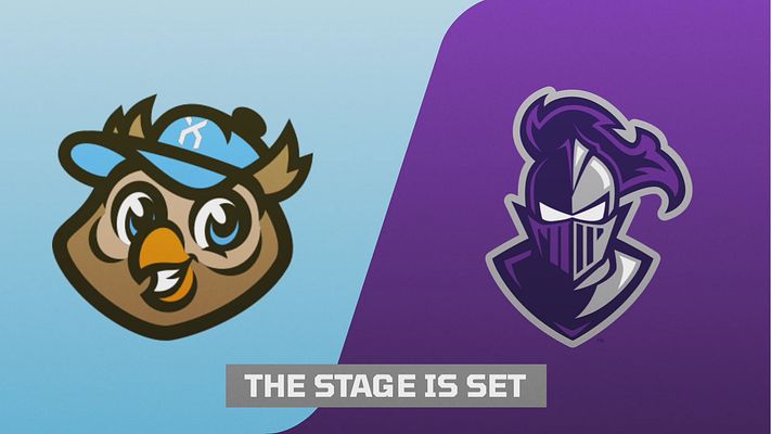Logo Matchup template with split-screen design: blue section on left with team logo, red section on right with opposing team logo, creating a versus layout. Available in landscape, Instagram 4:5, and Story formats.