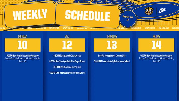 Weekly schedule template with a blue background, featuring a grid for each day of the week, highlighted event titles, and space for game times and teams.