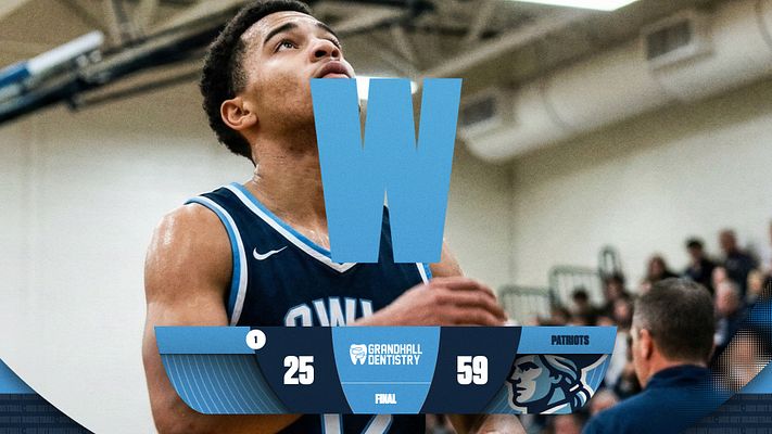 Score update template featuring a large blue 'W' in the center, with team logos at the bottom, final scores displayed for each team, and a dynamic athlete image in the background.