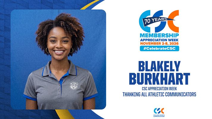 Announcement template with dark blue background, large rounded photo on left showing athletes celebrating, gold 'N' logo with star above, and bold navy text area on right for name and headline details. Includes space for subtext and brand logos.