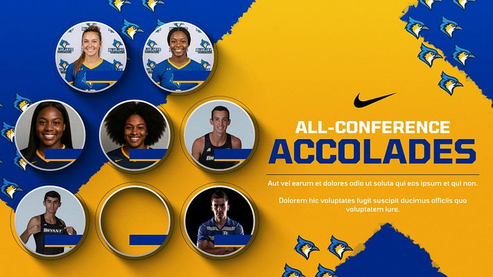 Multi-player spotlight template with blue and gold diagonal design featuring nine circular player photo placeholders, team logo elements, and text area for 'All-Conference' honors and player names