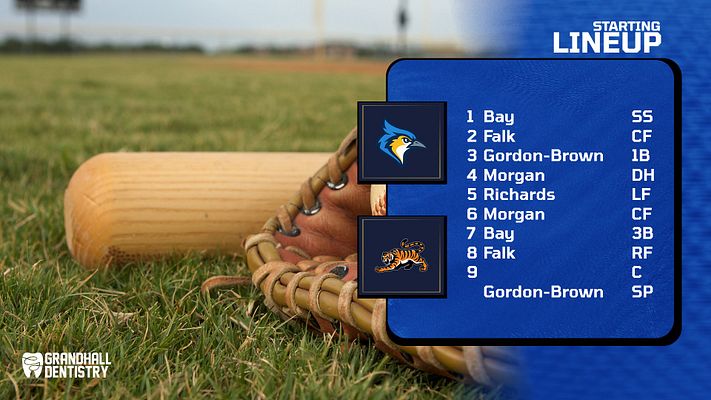 Baseball lineup template with a blue and white color scheme, featuring a player action photo on the left and a list of player names on the right, designed for showcasing starting lineups.