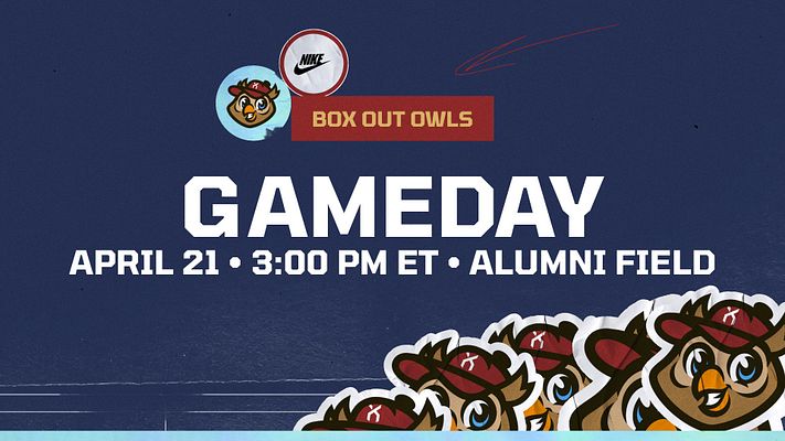 Multi-format gameday template with dark blue background, team logo stickers at top, large white headline text, game details, and mascot character sticker element. Available in landscape, Instagram, and story formats for social media sharing.