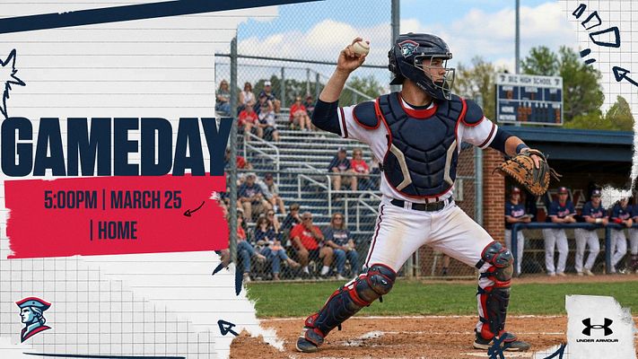 Gameday template with a large player action photo, bold headline on top left, and game details box below, featuring red and blue accents for social media updates.