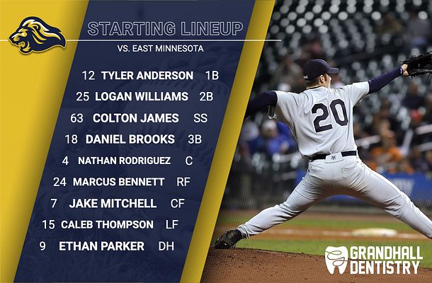 Lineup template featuring a dark blue and gold color scheme, player names listed on the left with positions, and a player action image on the right, designed for sports lineups.