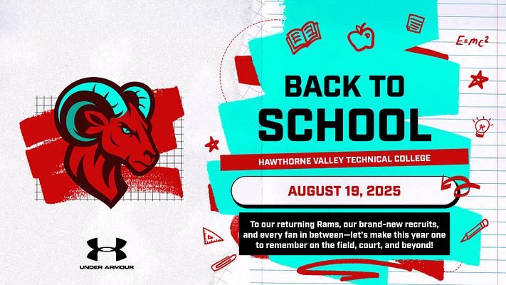 Back to School template with bright turquoise and red design featuring a ram mascot on left, bold "BACK TO SCHOOL" headline in center, school-themed icons, date and message areas, and brand logo placement for welcoming students and promoting new school year events