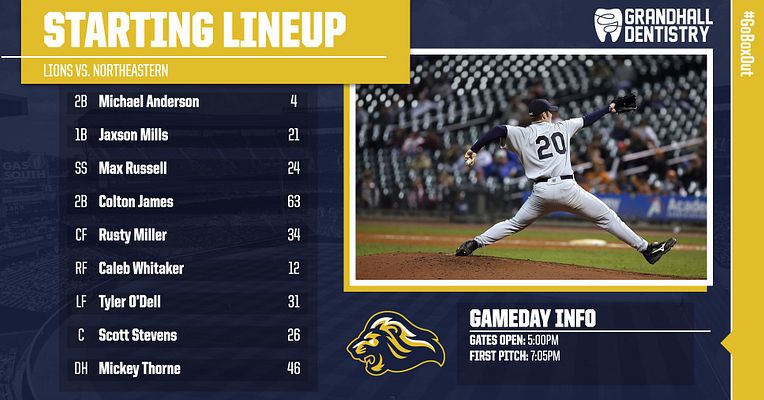 Starting lineup template with dark blue and gold color scheme. Left side displays player list with positions and jersey numbers. Right side features large player photo area with gold border. Includes matchup details, team logo, and game time information sections.