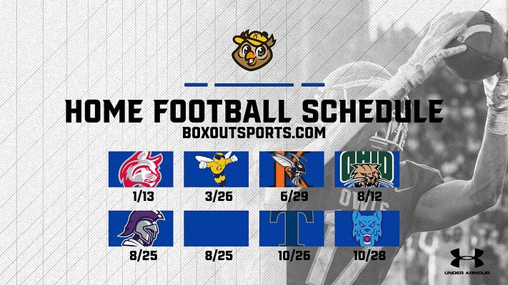 Home football schedule template with team logo at top, bold title text, and grid layout displaying eight opponent logos with corresponding game dates. Features landscape orientation with football player image on right side and brand website at bottom.