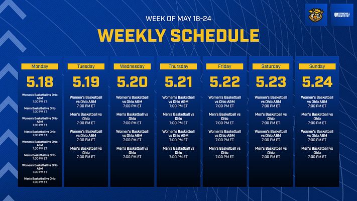 Weekly schedule template with dark blue geometric background, white title text, and seven-column layout showing daily dates May 18-24 with gold day labels and multiple event listings per day in white text