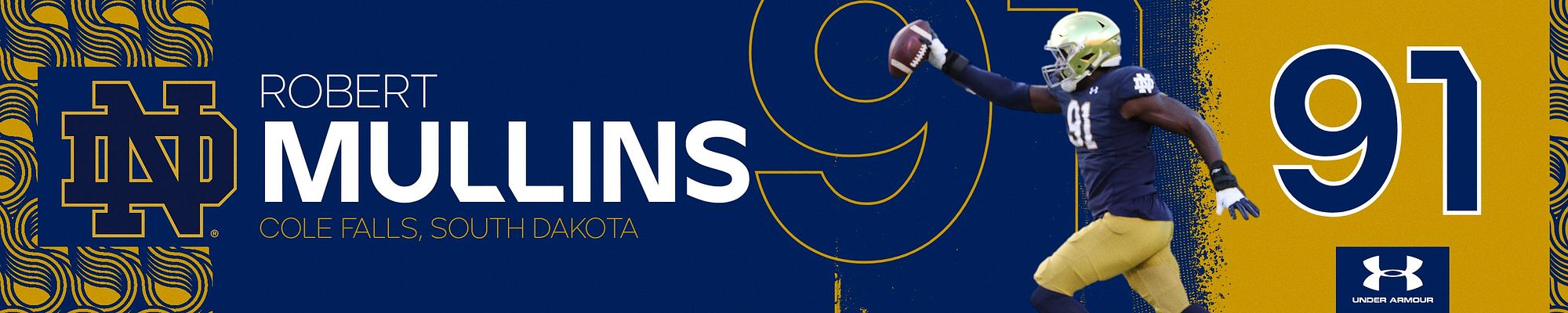 Locker sign template in landscape format featuring navy and gold split design with team logo on left, player name and location in center, player photo, and jersey number on right side for displaying athlete information on locker frames