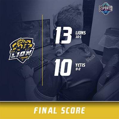 Esports square template with gaming setup photo background, team logos on left, large score display in center showing two team scores, gold vertical divider, and yellow banner at bottom labeled 'Final Score'