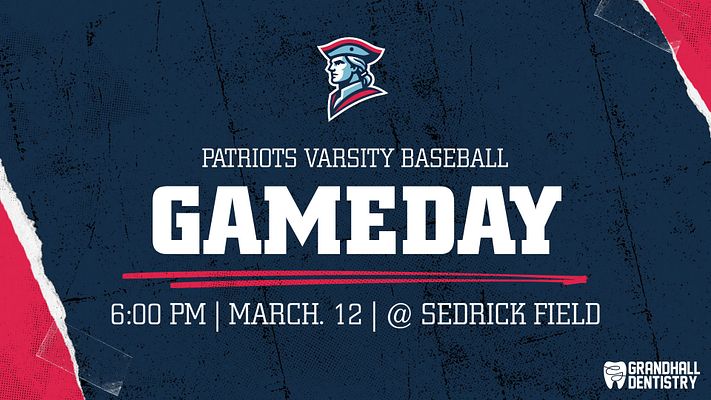Gameday sports graphic template with a dark navy background, bold white text for team and event details, and space for a logo in the bottom right corner. Ideal for announcing events.