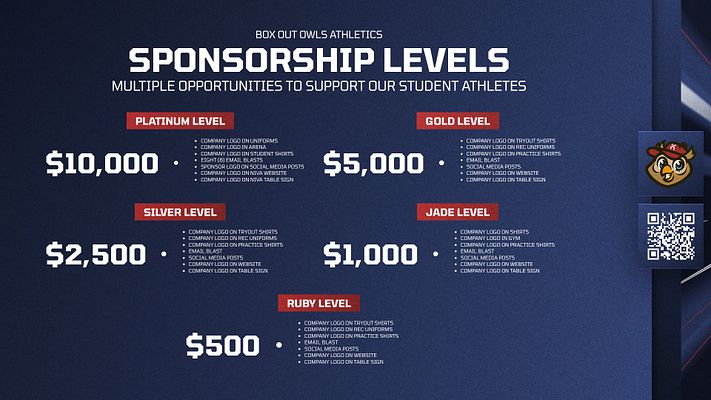 Sponsorship levels template with dark background. Features tiered sponsorship amounts, company logo placements, and QR code on the side. Clear sections for each level.