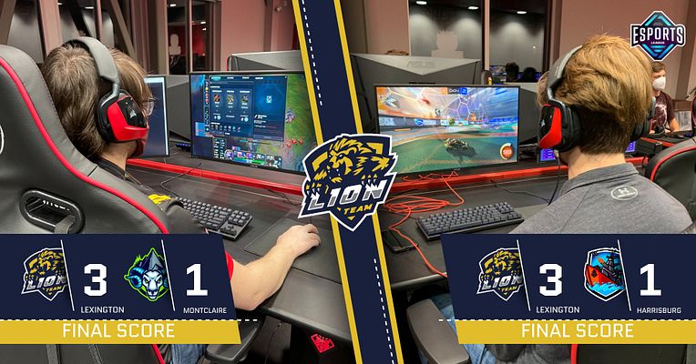 Two-game score template with split layout showcasing two players at gaming stations, team logos at the top, scores at the bottom, and a blue and yellow color scheme.