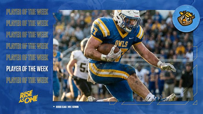 Player spotlight template with dark blue background, large player photo on right showing athlete in blue and gold uniform, repeating "Player of the Week" text on left, team logo in circle top right, and text area for player name and details at bottom