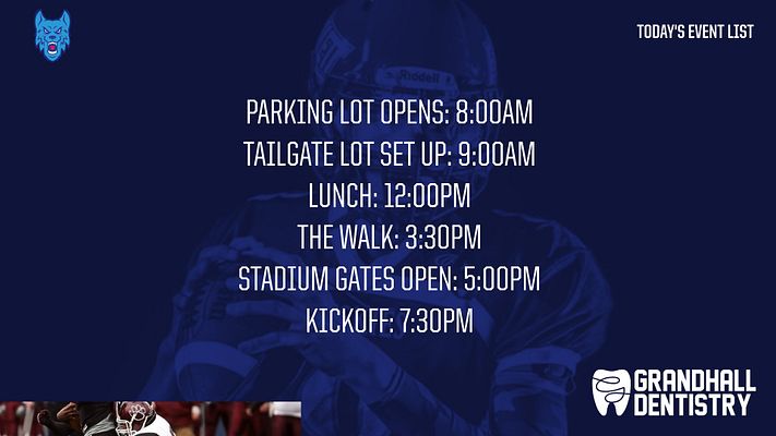 Text-heavy announcement template with dark blue background and wrestling imagery. Features white sans-serif text listing event times in center, blue team logo top left, sponsor logo bottom right, and 'Today's Event List' header. Designed for sports announcements and schedules.