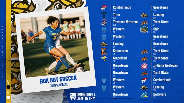 Vertical schedule template with polaroid-style player photo on left, blue background with team logo pattern, and two-column upcoming game list with opponent names and logos on right