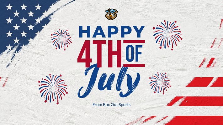 4th of July template with patriotic design featuring blue and red fireworks, American flag elements in corners, and customizable text area for brand name. Light background with stars and striped flag graphics, suitable for social media and sports graphics.