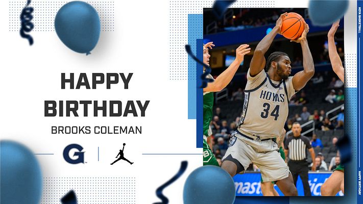 Birthday celebration template with left side featuring large blue balloons and 'Happy Birthday' text with player name area, right side showing player photo space over blue geometric background with team logos and decorative elements