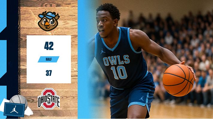 Dynamic basketball score template featuring a textured wood background, score display in the center, player photo on the right, and team logos. Designed for score updates and highlights.
