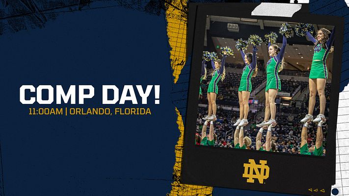 Cheerleading template with dark navy background, white headline text on left, gold accent details, and large photo area on right showing cheerleaders in pyramid formation. Designed for multi-format social media use including landscape, Instagram, and story formats.