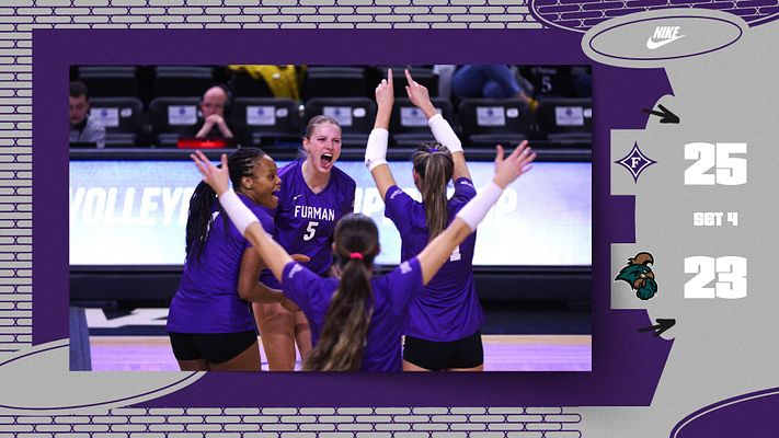 Multi-format volleyball score update template with oval design. Features large player celebration photo on left, score details on the right, and a vibrant purple and gray color scheme.