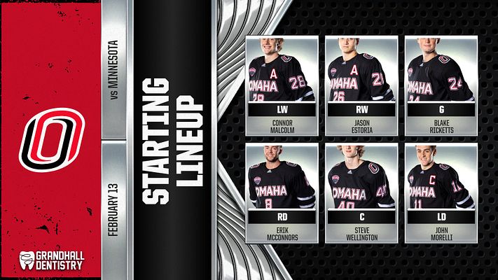 Hockey starting lineup template featuring red and black color scheme with team logo on left, player photo grid showing positions (LW, RW, G, RD, C, LD) with jersey numbers and names, metallic wave design elements, and sponsor logo area. Available in landscape and portrait formats.
