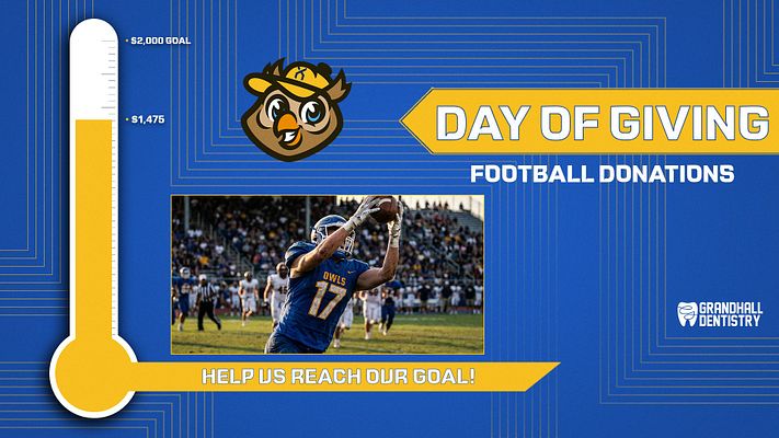 Fundraiser template featuring a thermometer progress tracker on left side, large "Day of Giving" headline in yellow, photo area for team/event image, and goal metrics. Dark blue background with geometric line pattern and yellow accents for sports donation campaigns.