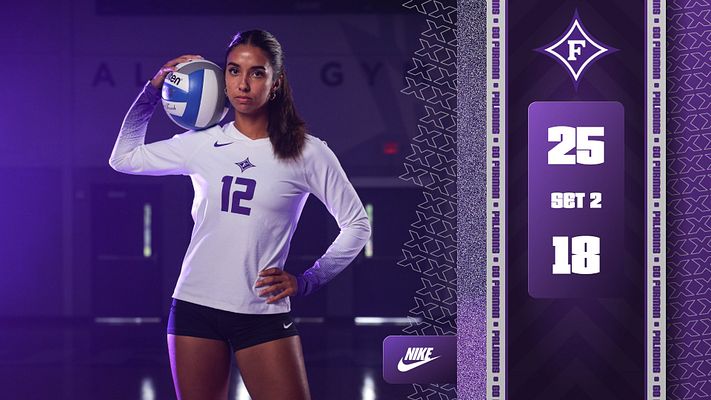 Multi-format volleyball score template featuring a player with a volleyball, purple color scheme, game score on the right, and branded logo at the bottom.
