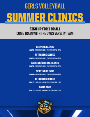 Portrait layout template for volleyball clinic print. Blue and gold color scheme, prominent title, clinic details listed in sections, and a graphic element at the bottom.