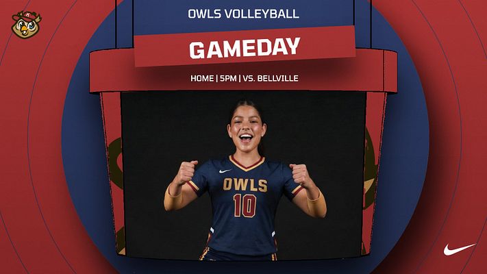 Gameday template with red and navy color scheme featuring centered player photo in volleyball uniform, team logo in corner, and text areas for team name, game type, location and time information. Multi-format template for video board, Instagram, and stories.