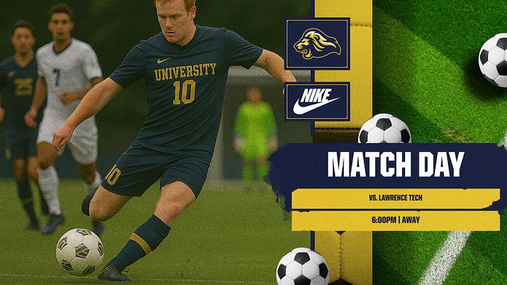 Match day template featuring a dynamic soccer player image, bold text for match details, team logos, and a green field texture background, designed for social media sharing.