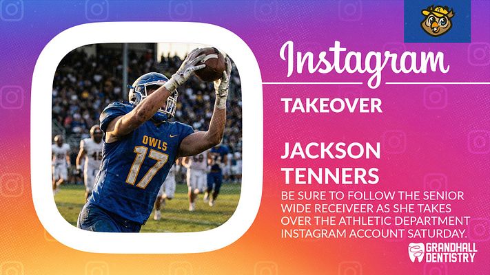 Instagram Takeover template with vibrant gradient background transitioning from purple to orange. Features large rounded photo placeholder on left, right side displays 