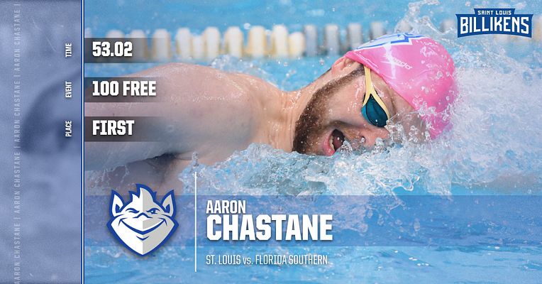 Swimmer spotlight template with landscape layout featuring large action photo of swimmer in pool, team logo in top right, athlete name and school information in bottom section, and performance statistics on left sidebar with time and event details