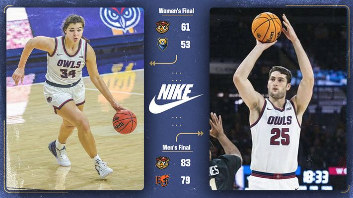 Multi-format sports graphic with two player photos side by side, scores for women's and men's games centrally displayed, featuring a Nike logo and team colors.